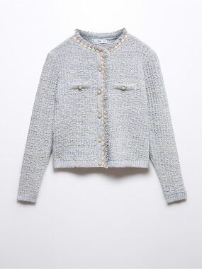Mango- TWEED CARDIGAN WITH JEWEL BUTTON - Sky blue